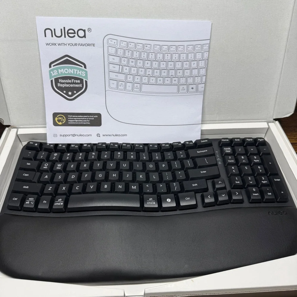 Nulea RT08 Ergonomic Wavy Keyboard Wireless Black Split Keypad Wrist Rest TK52A